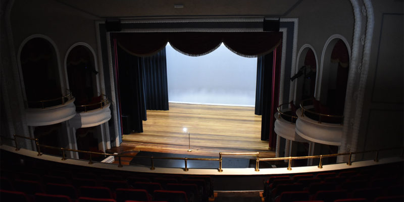 a shot of an empty theater stage from high up in the theater