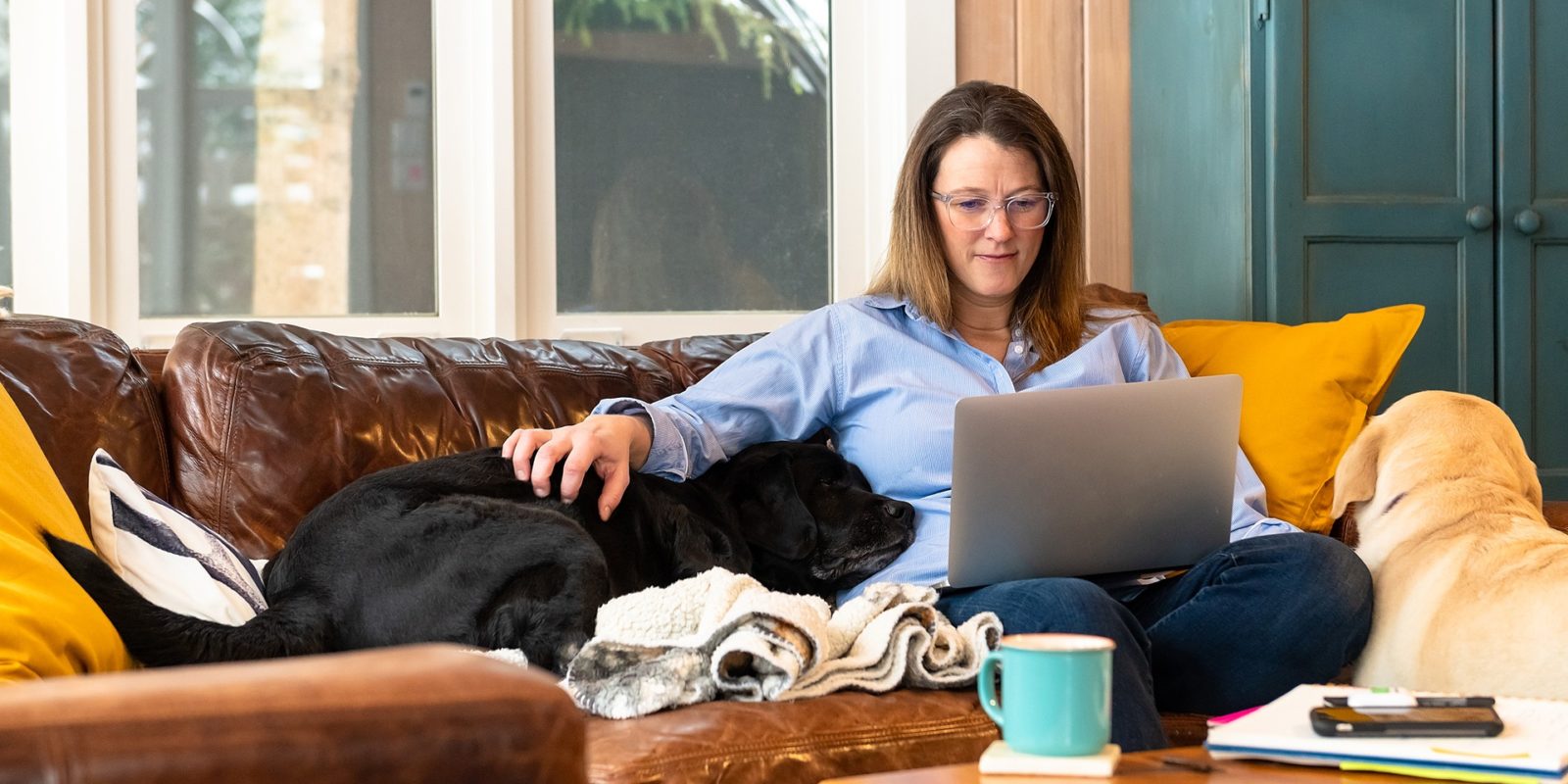 woman in a blue shirt sits on a brown leather couch with a large black dog and a gray laptop