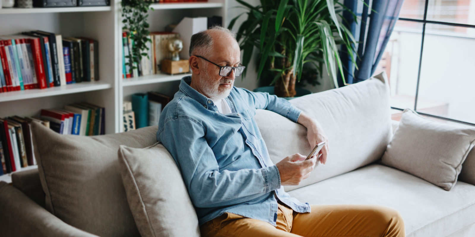 man in a blue shirt and glasses sits on a beige couch in front of a bookshelf and uses his smartphone