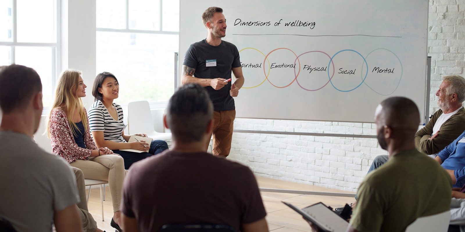 Man holding a marker stands in front of a group of people, white board in the background reads: Dimensions of wellbeing: Spiritual, Emotional, Physical, Social, Mental. Each word is in a different colored circle